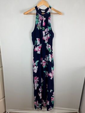 Le Kate Halter Maxi Dress Navy Pink Green Floral Wedding Graduation Guest Small
